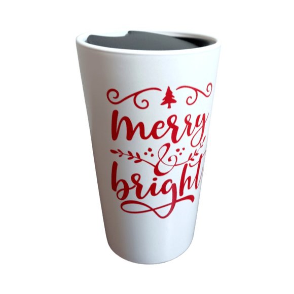 CHRISTMAS MERRY & BRIGHT Tall Ceramic COFFEE MUG With Lid  6" Tall - Picture 1 of 6